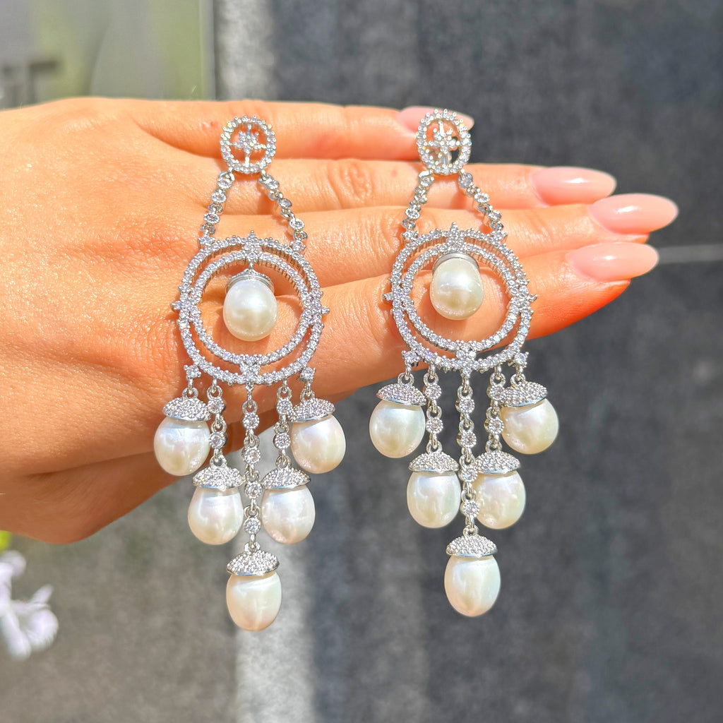 Freshwater Pearl & Cubic Zirconia Sterling Silver Drop Earrings