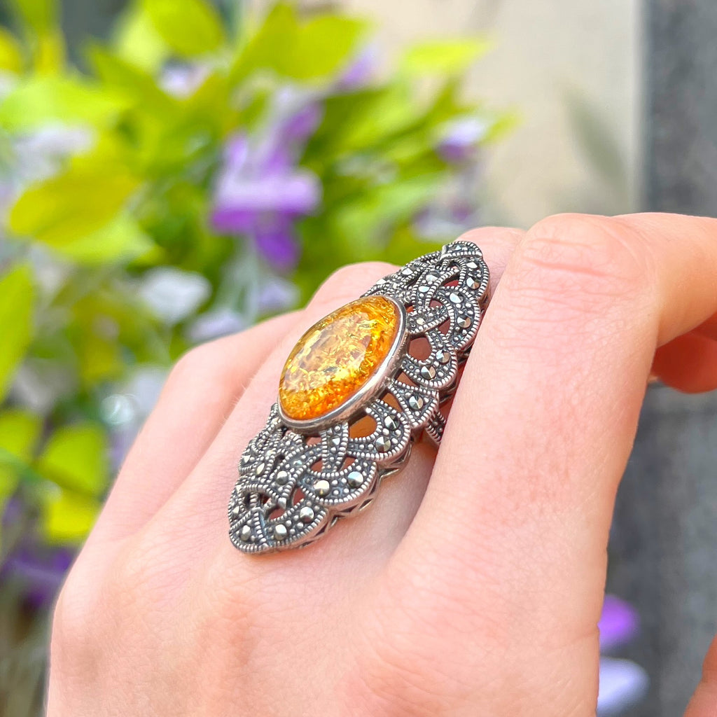 Orange Amber & Marcasite Sterling Silver Ring | Size O ½