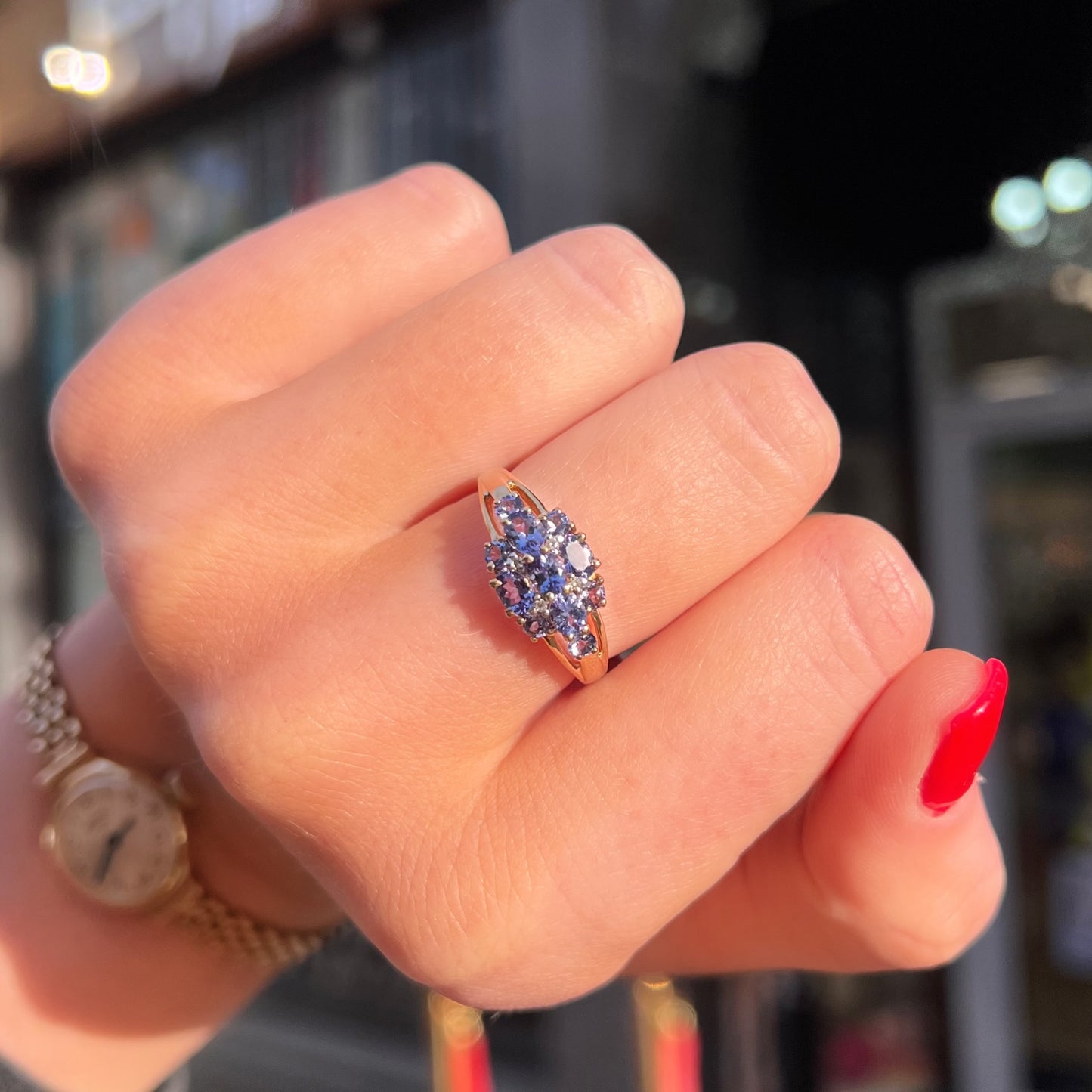 Pretty Vintage 9ct Yellow Gold Unique Tanzanite and Diamond Cluster Ring - Size R