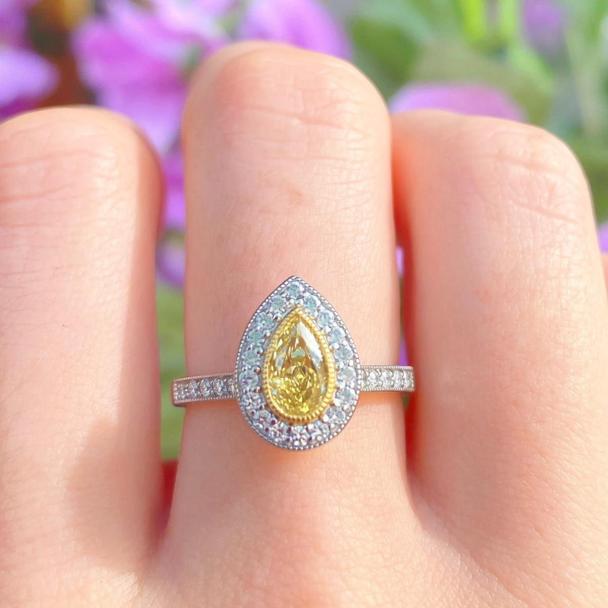 Rare Canary Lemon Yellow Diamond Pear Halo Platinum Ring | Size M