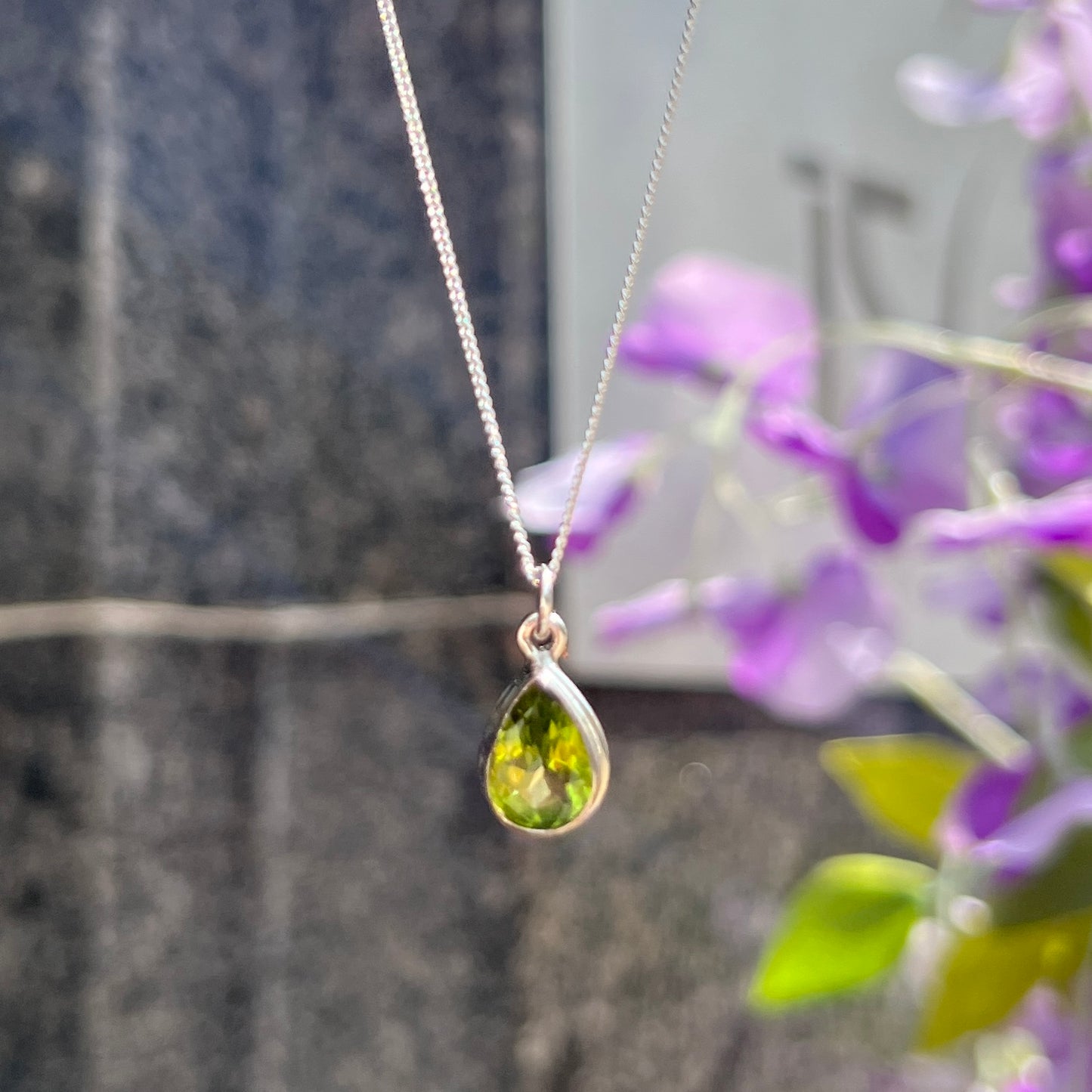 Sterling Silver Pear Cut Green Peridot Necklace