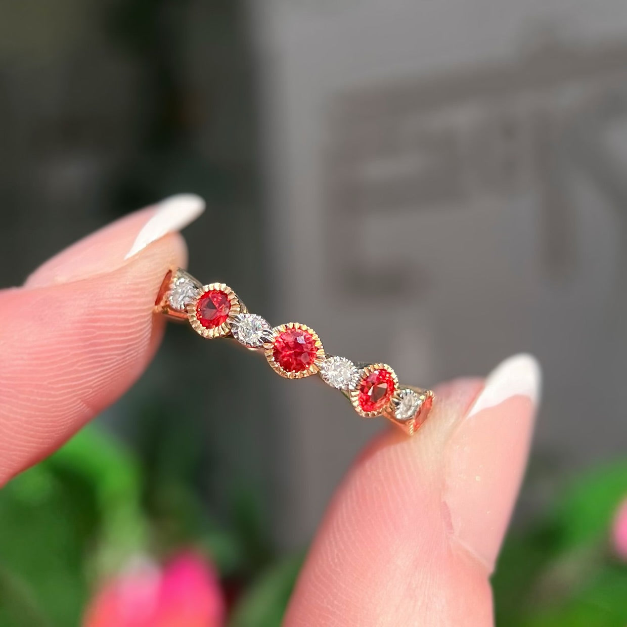 Rare Orange Sapphire and Diamond 9ct Yellow Gold Half Eternity Ring | Size O