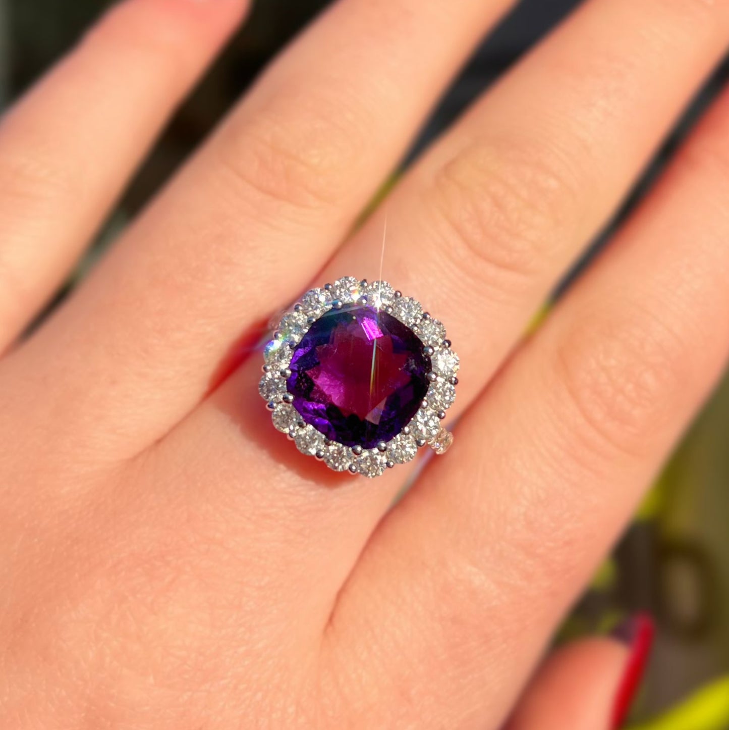 'Elizabeth' Ring - Spectacular 18ct White Gold Amethyst and Diamond Statement Dress Ring – Size N 1/2