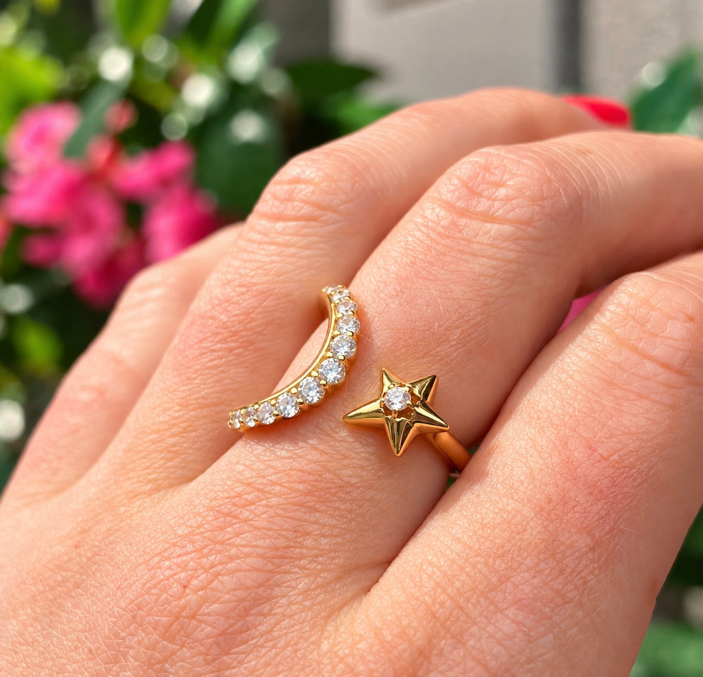Gold on Silver Sparkling Moon and Star Adjustable Ring | Ania Haie