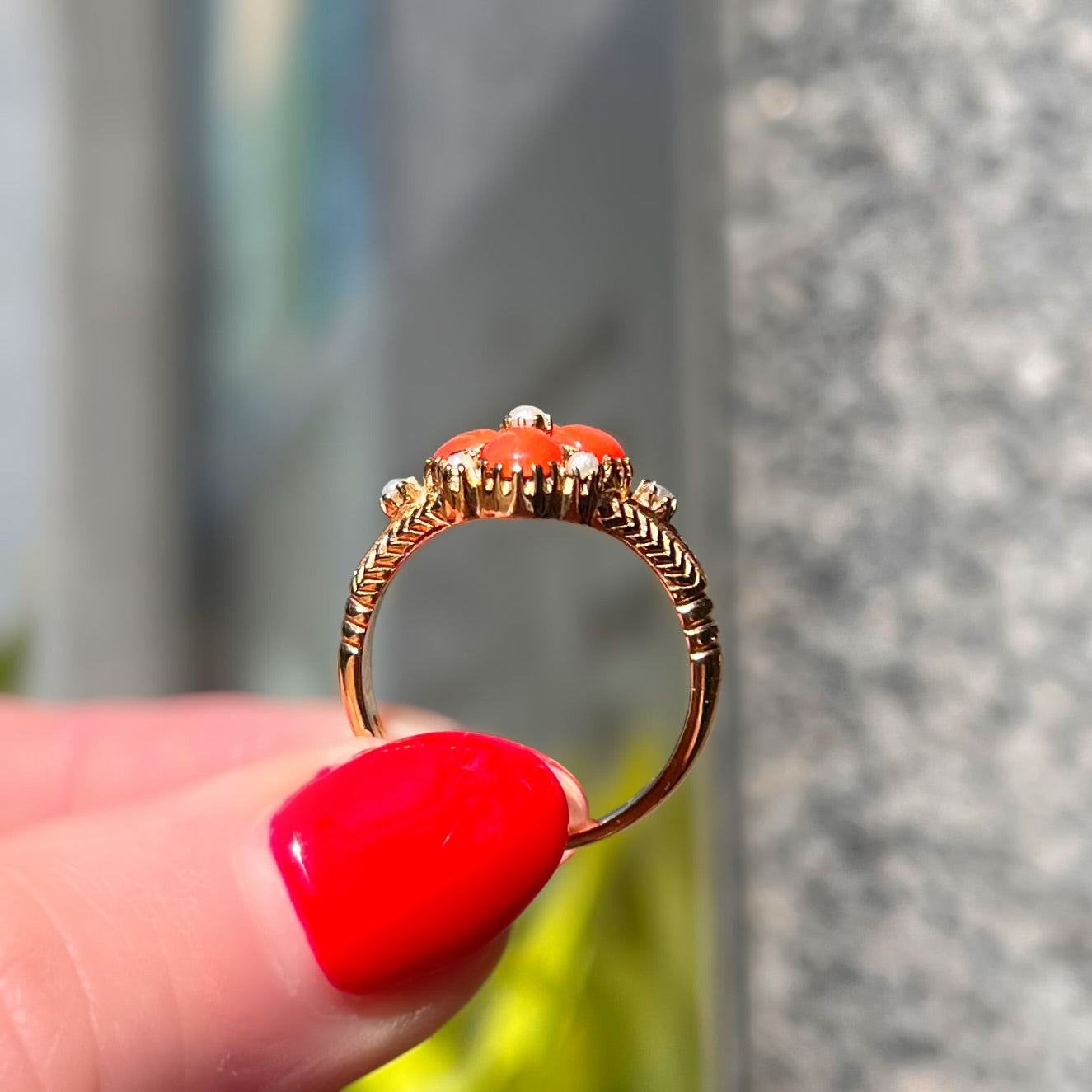 Victorian Inspired Coral and Seed Pearl 9ct Yellow Gold Forget-me-not Ring | Size M ½