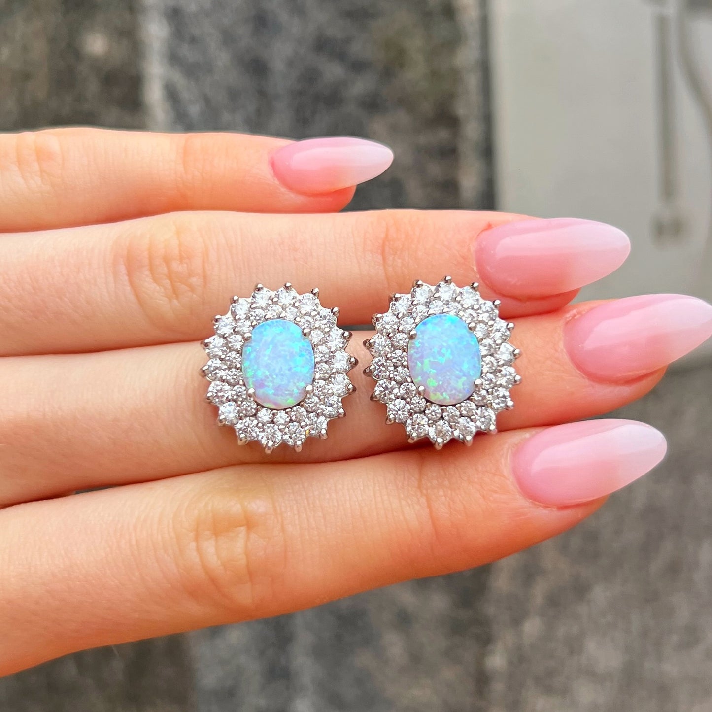 Large Elegant Sterling Silver Opal & Cubic Zirconia Halo Stud Earrings