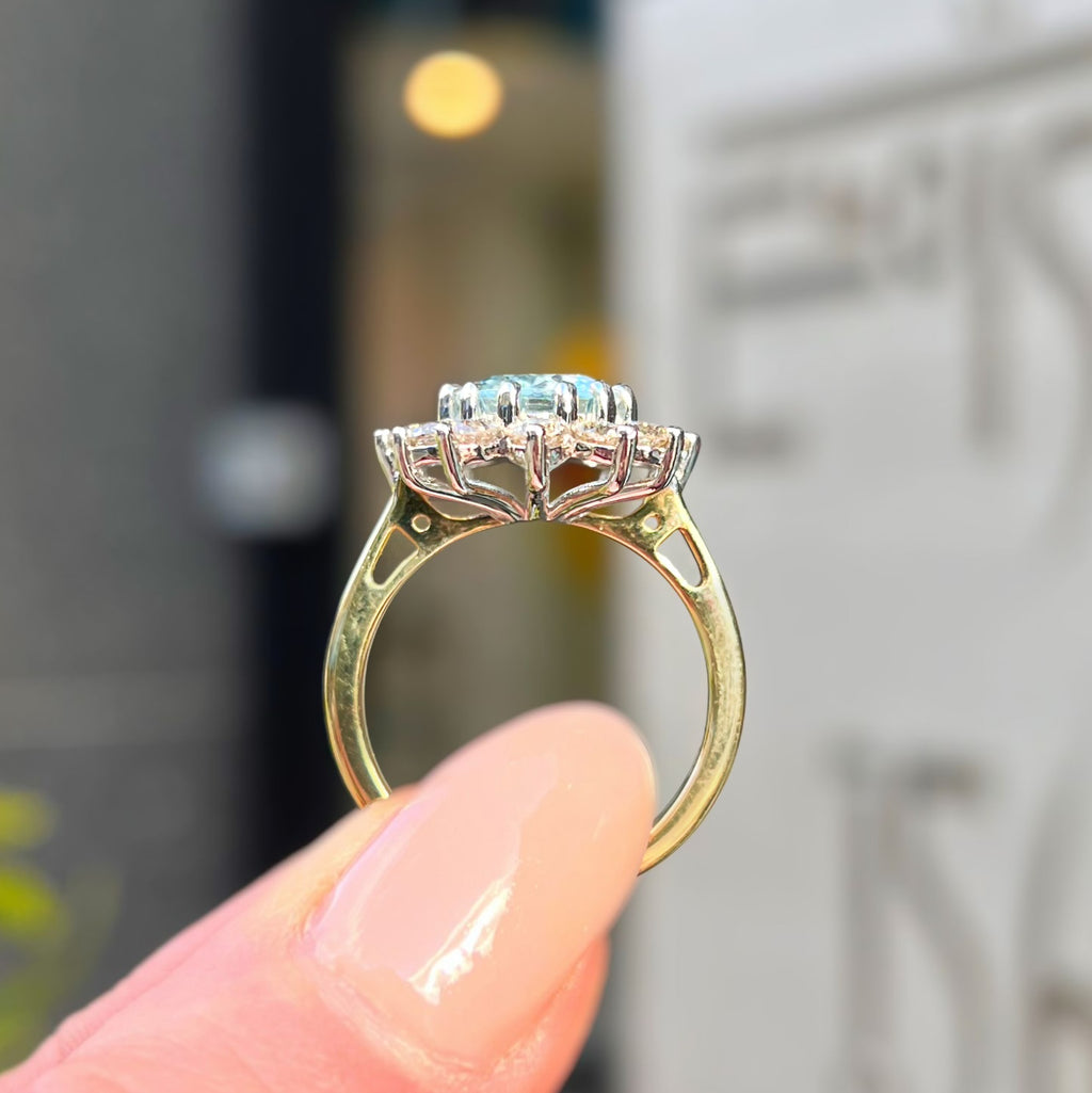 Aquamarine and Diamond Classic Cluster 14ct Yellow Gold Ring | Size N ½