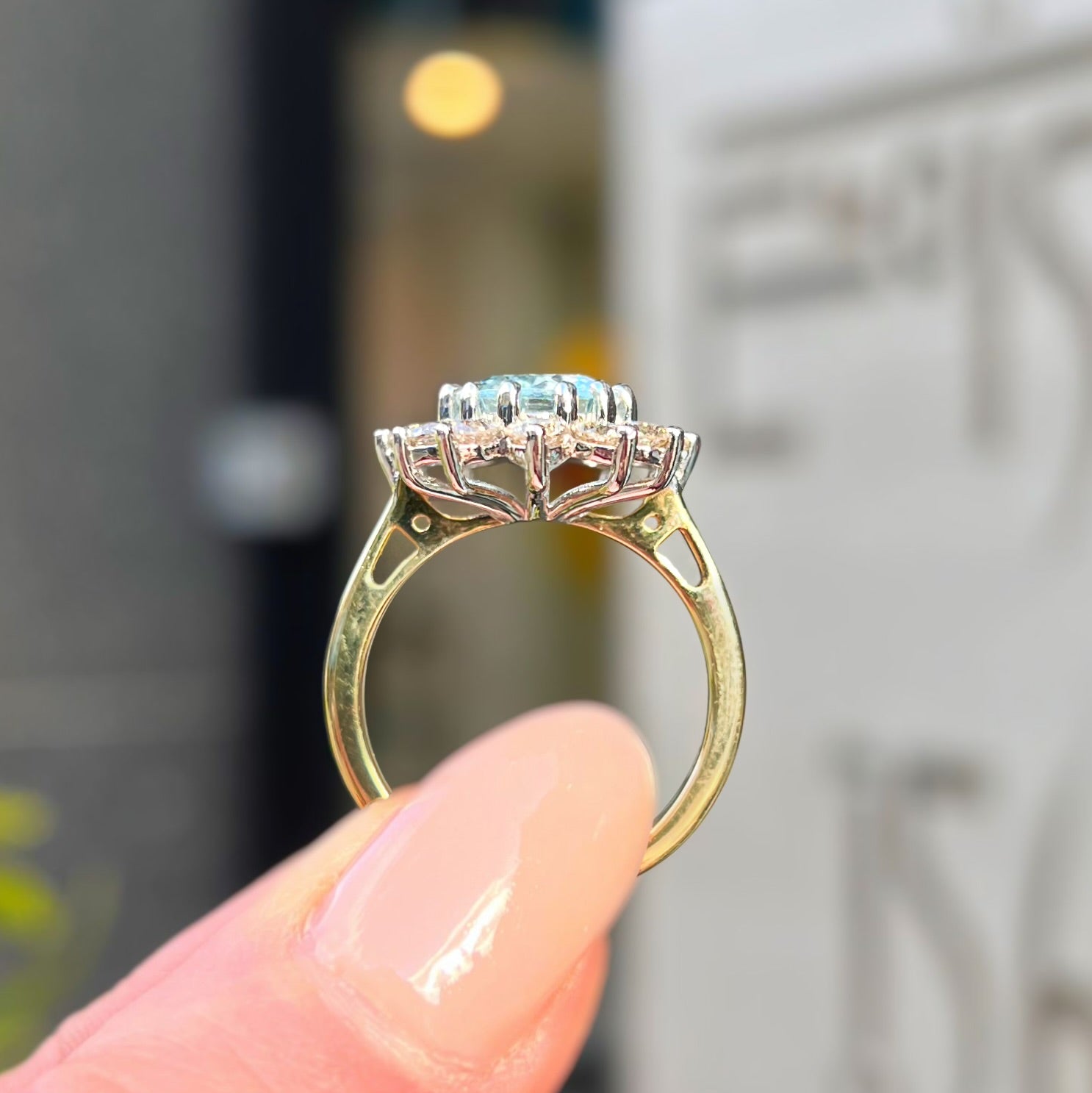 Aquamarine and Diamond Classic Cluster 14ct Yellow Gold Ring | Size N ½