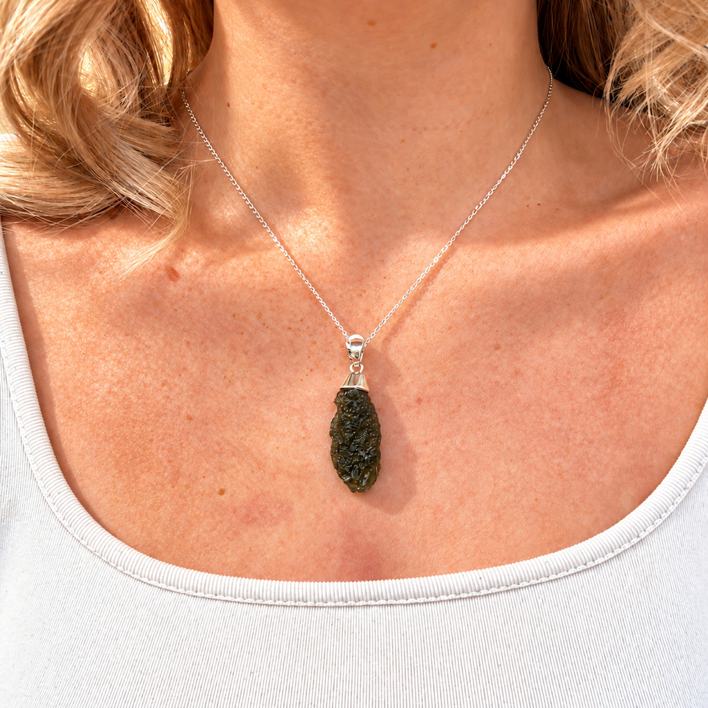 Rough Cut Green Moldavite Sterling Silver Pendant