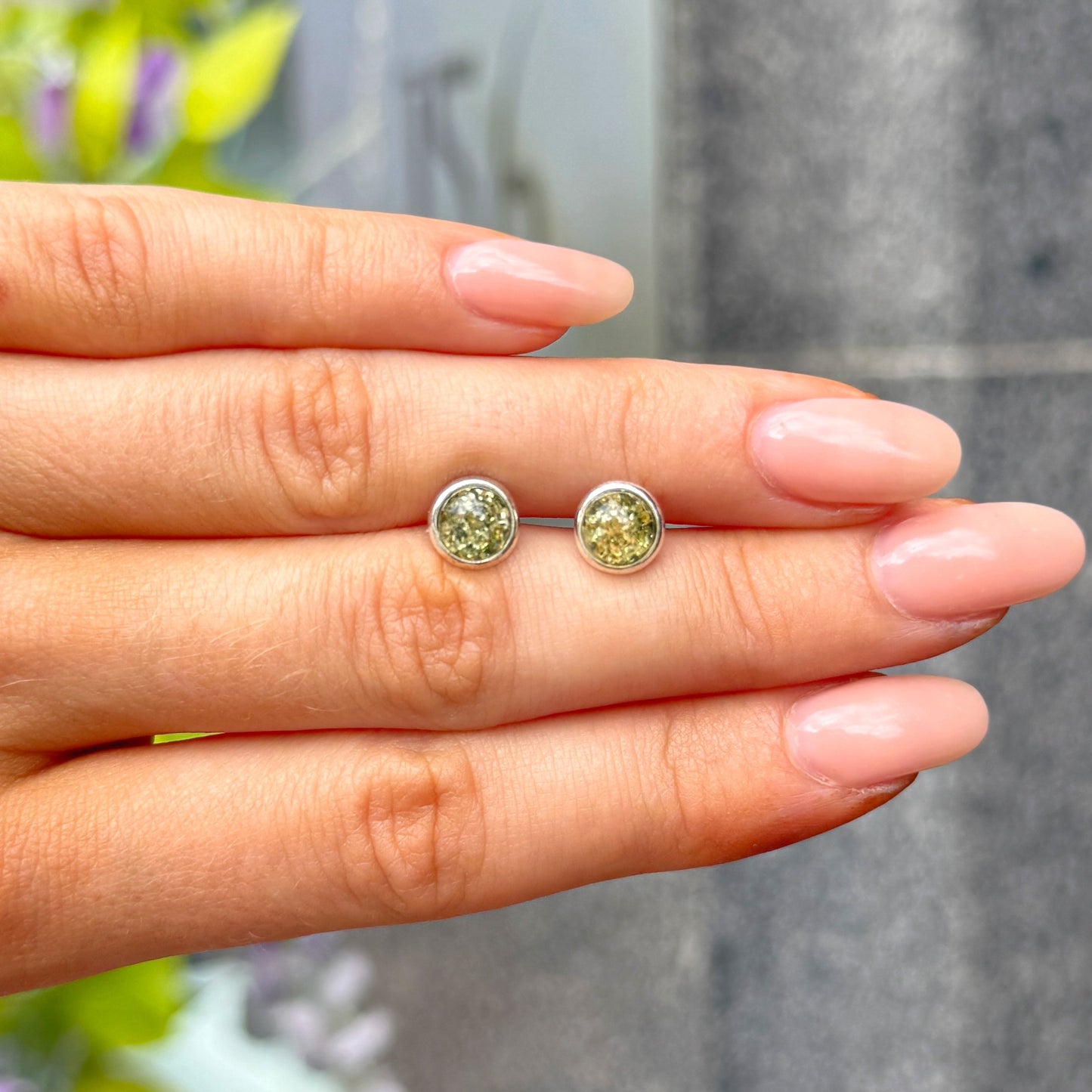Green Amber Sterling Silver Round Stud Earrings