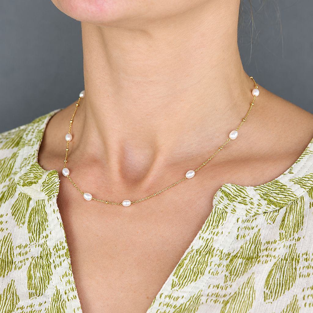 Pearl Sterling Silver Gold Plated Layering Dainty Station Necklace
