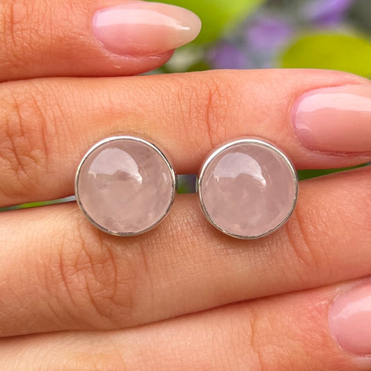 Sterling Silver Pink Rose Quartz Round Cabochon Stud Earrings