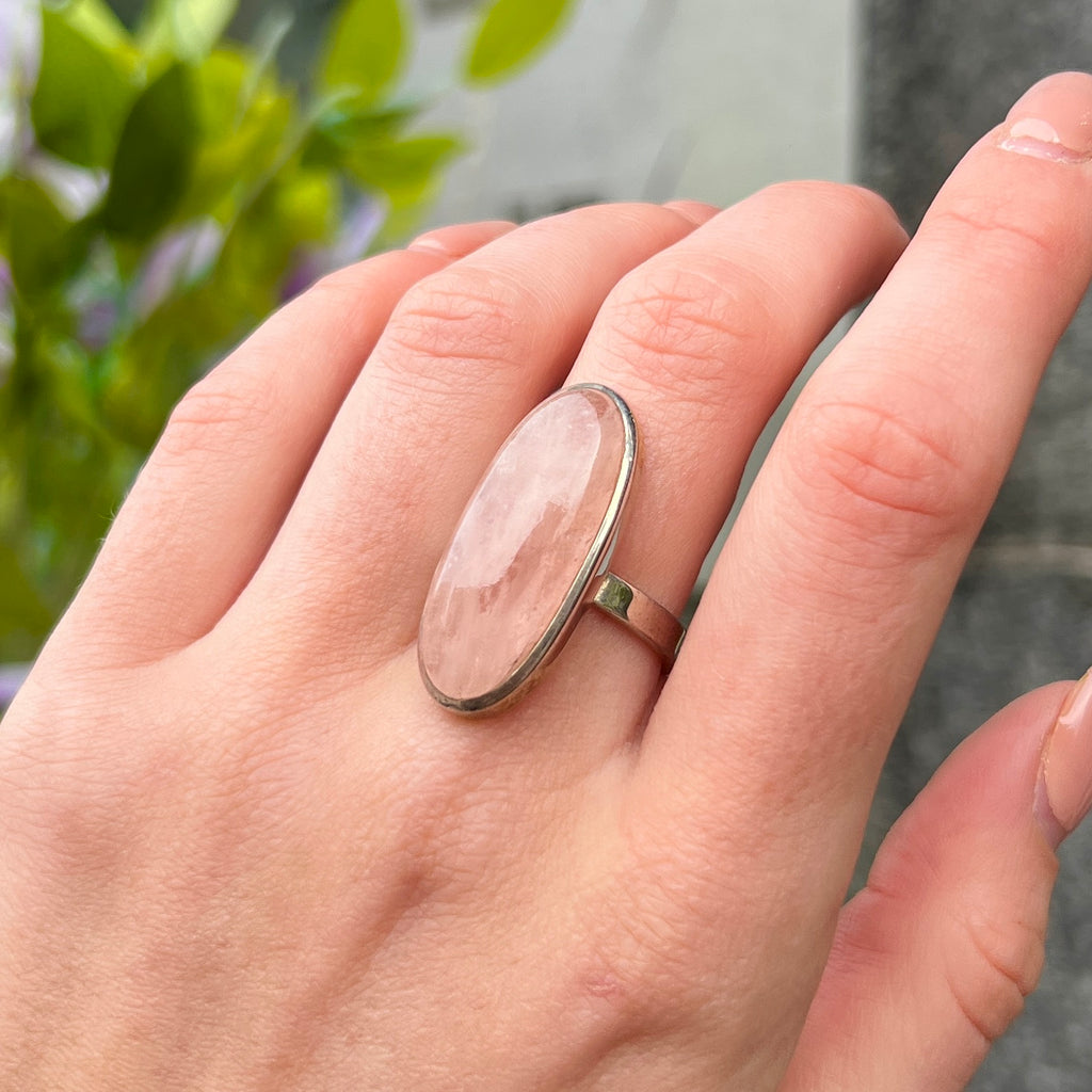 Large Oval Cut Rose Quartz Sterling Silver Ring | Adjustable