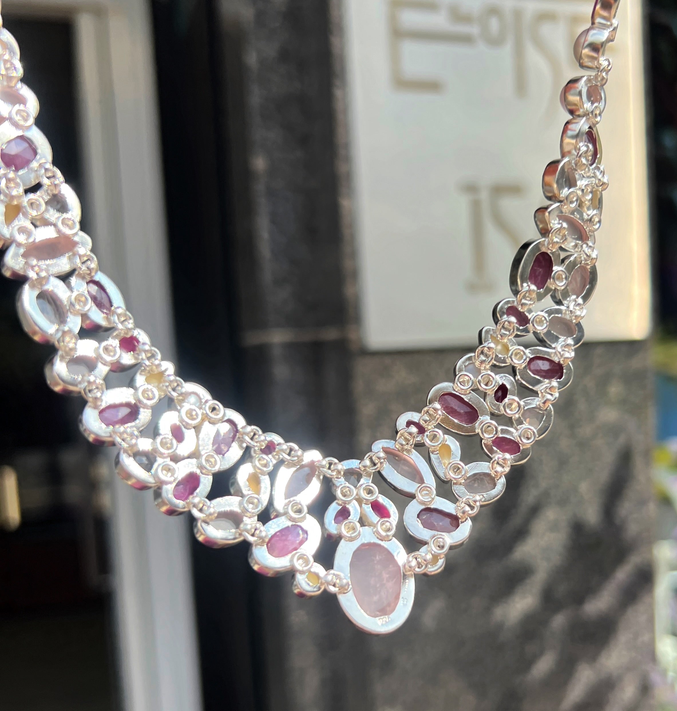 Ruby, White Pearl, Rose Quartz & Clear Quartz Sterling Silver Chunky Collar Necklace