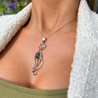 Green Amber Stylised Cat Sterling Silver Necklace