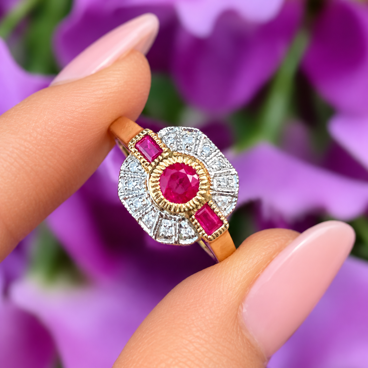 Ruby and Diamond Art Deco Reproduction 9ct Yellow Gold Ring