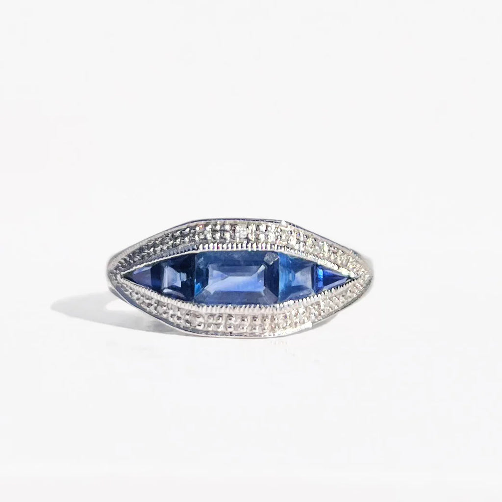 Art Deco Reproduction Madagascar Blue Sapphire and Diamond 9ct White Gold Ring | Size O