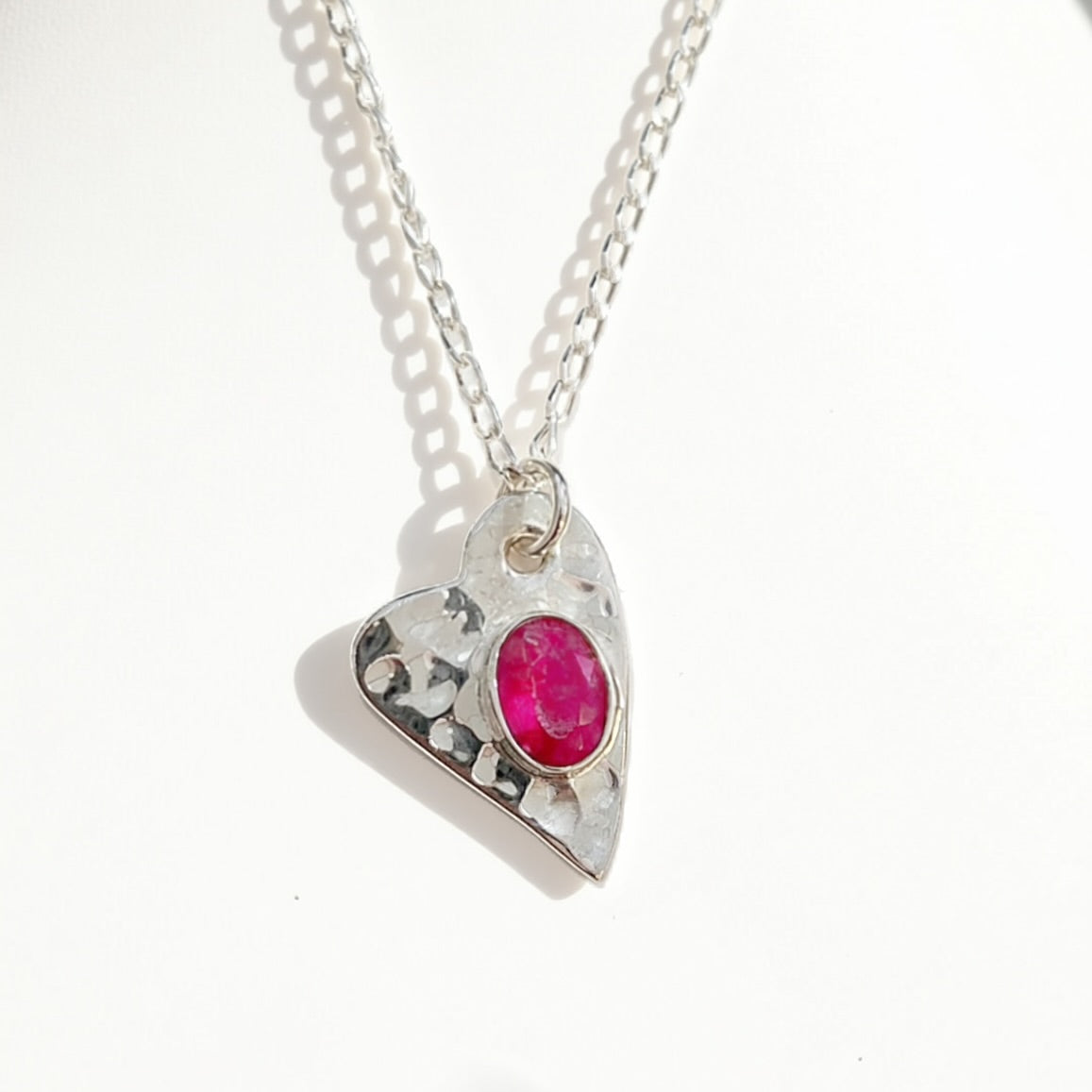 Sterling Silver Hammered Heart Ruby Necklace