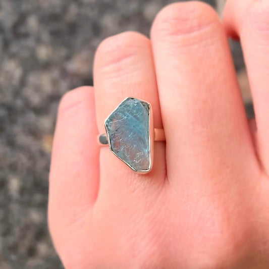 Sterling Silver Raw Aquamarine  Ring - Size K