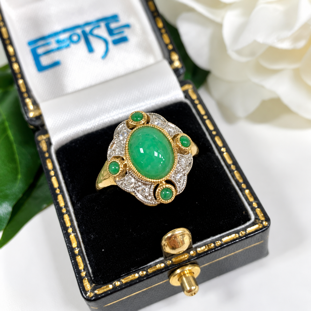 Jade and Diamond Art Deco Reproduction 9ct Yellow Gold Ring