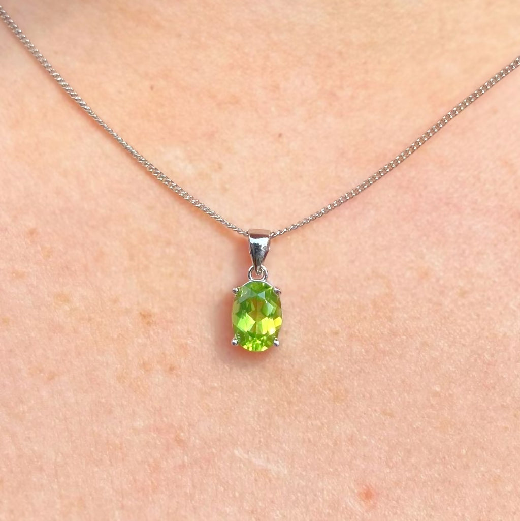 Oval Claw Set Peridot Sterling Silver Necklace and Earring Set