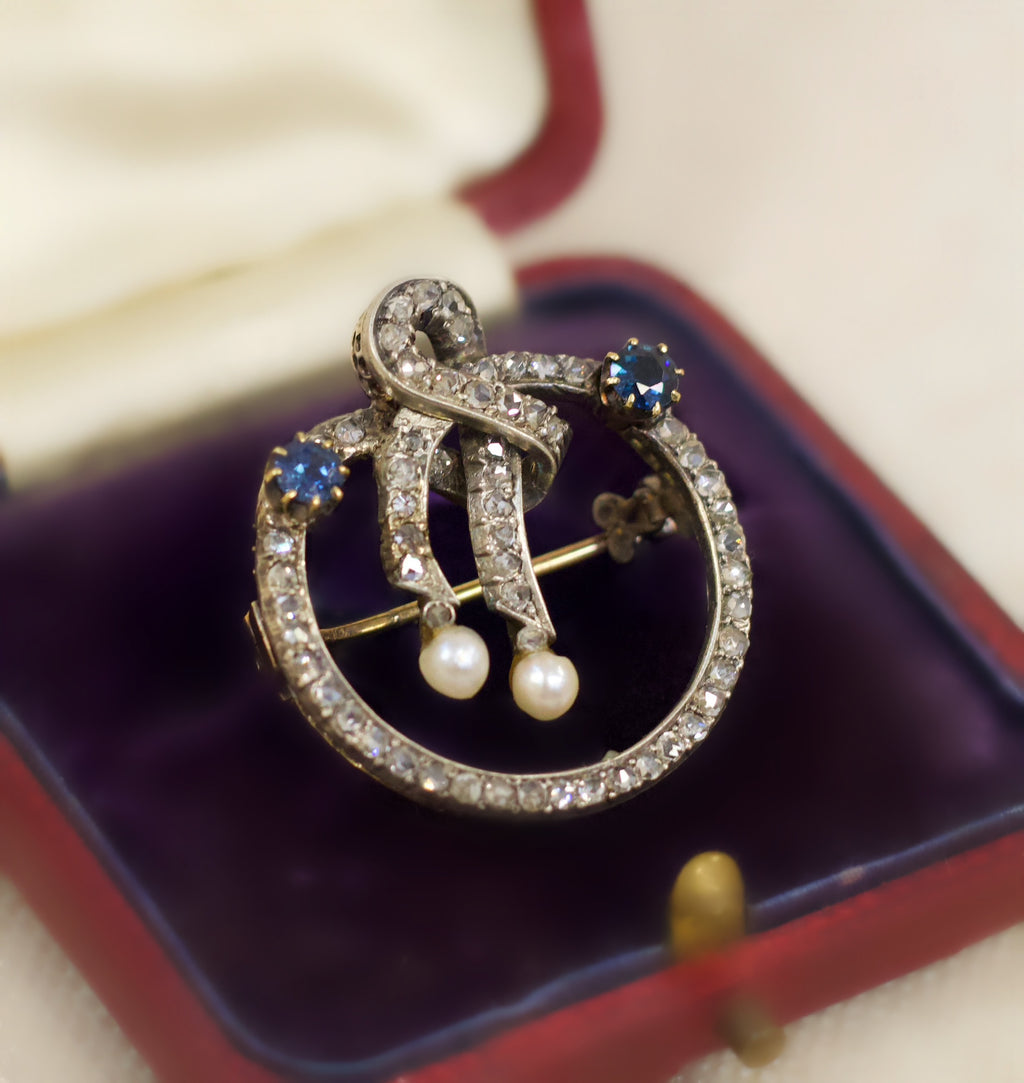Victorian Sapphire, Pearl and Rose Cut Diamond Brooch