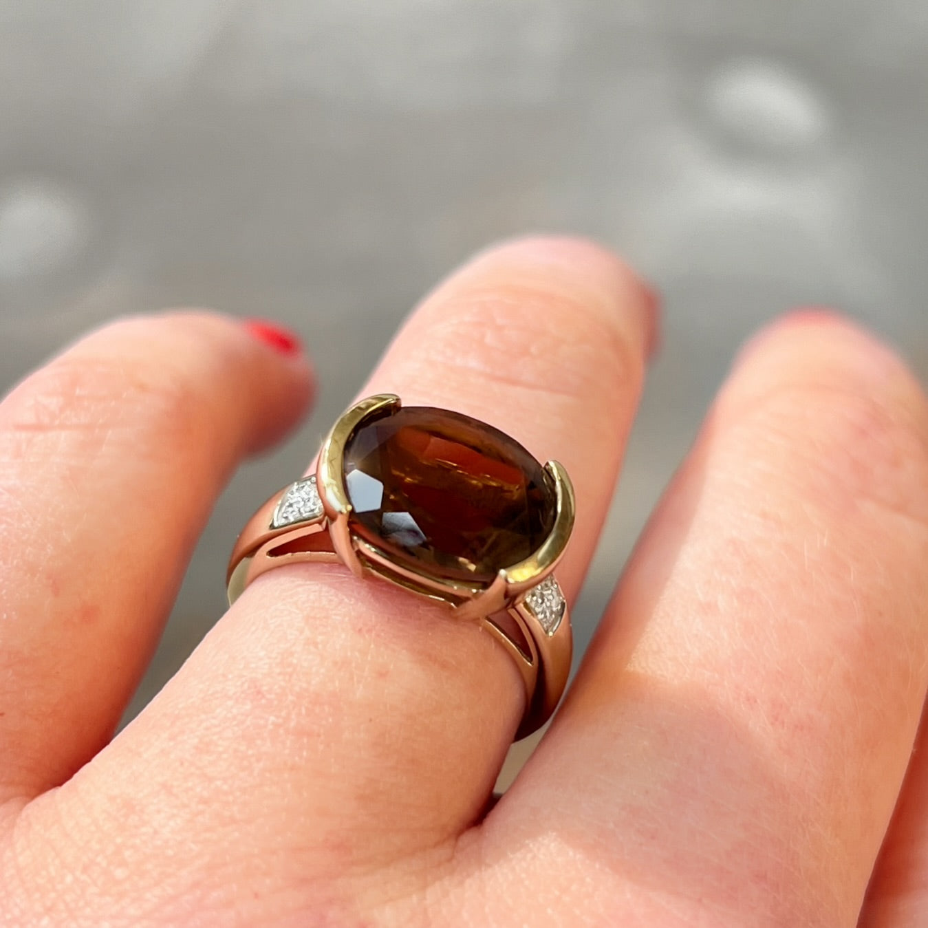 Vintage 9ct Yellow Gold Smoky Quartz and Diamond Cocktail Ring - Size M ½