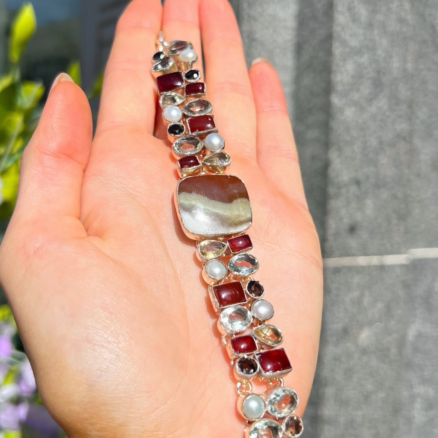 Agate, Pearl, Citrine, Topaz, Smoky Quartz & Carnelian Sterling Silver Bracelet