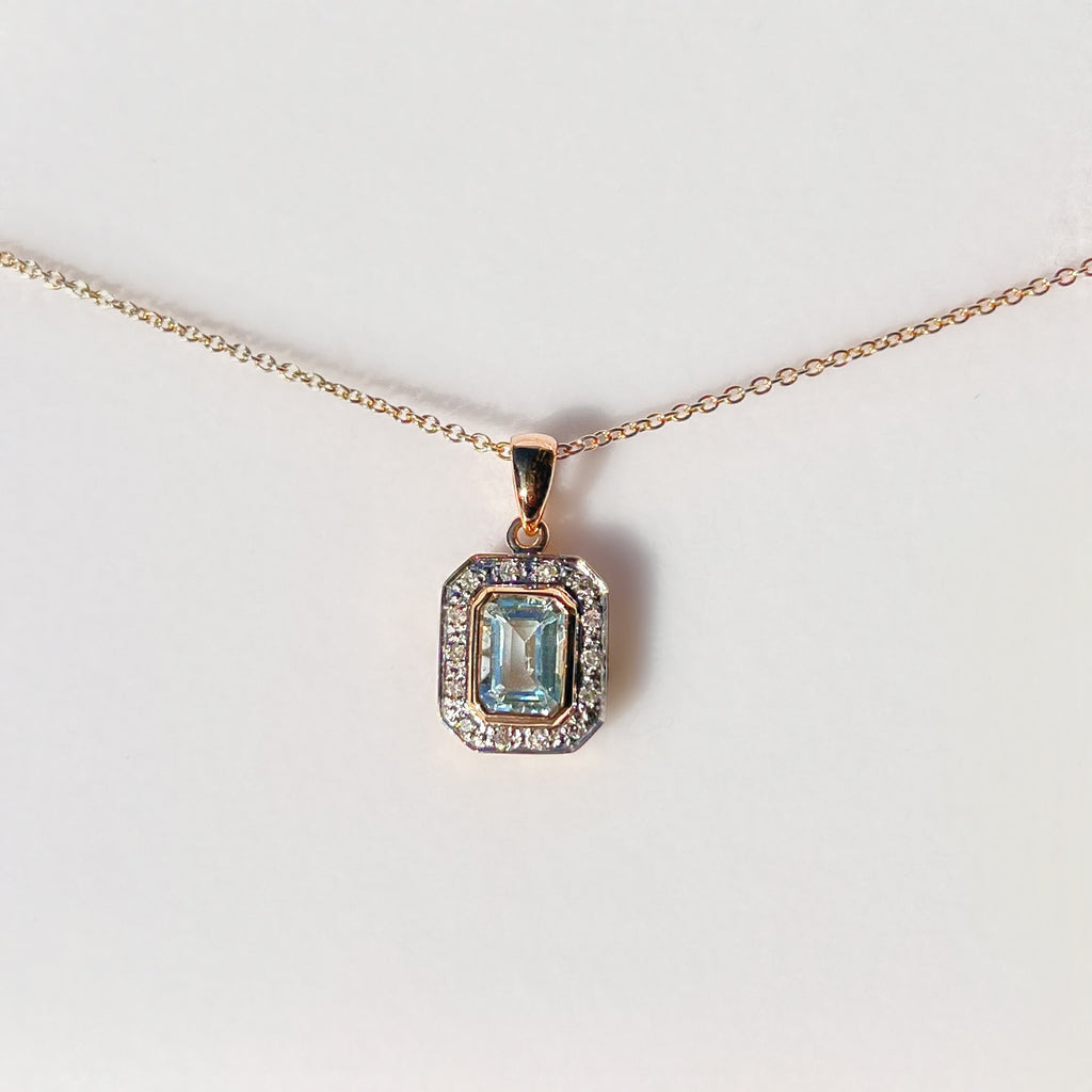 Aquamarine and Diamond Dainty Art Deco Inspired 9ct Yellow Gold Necklace