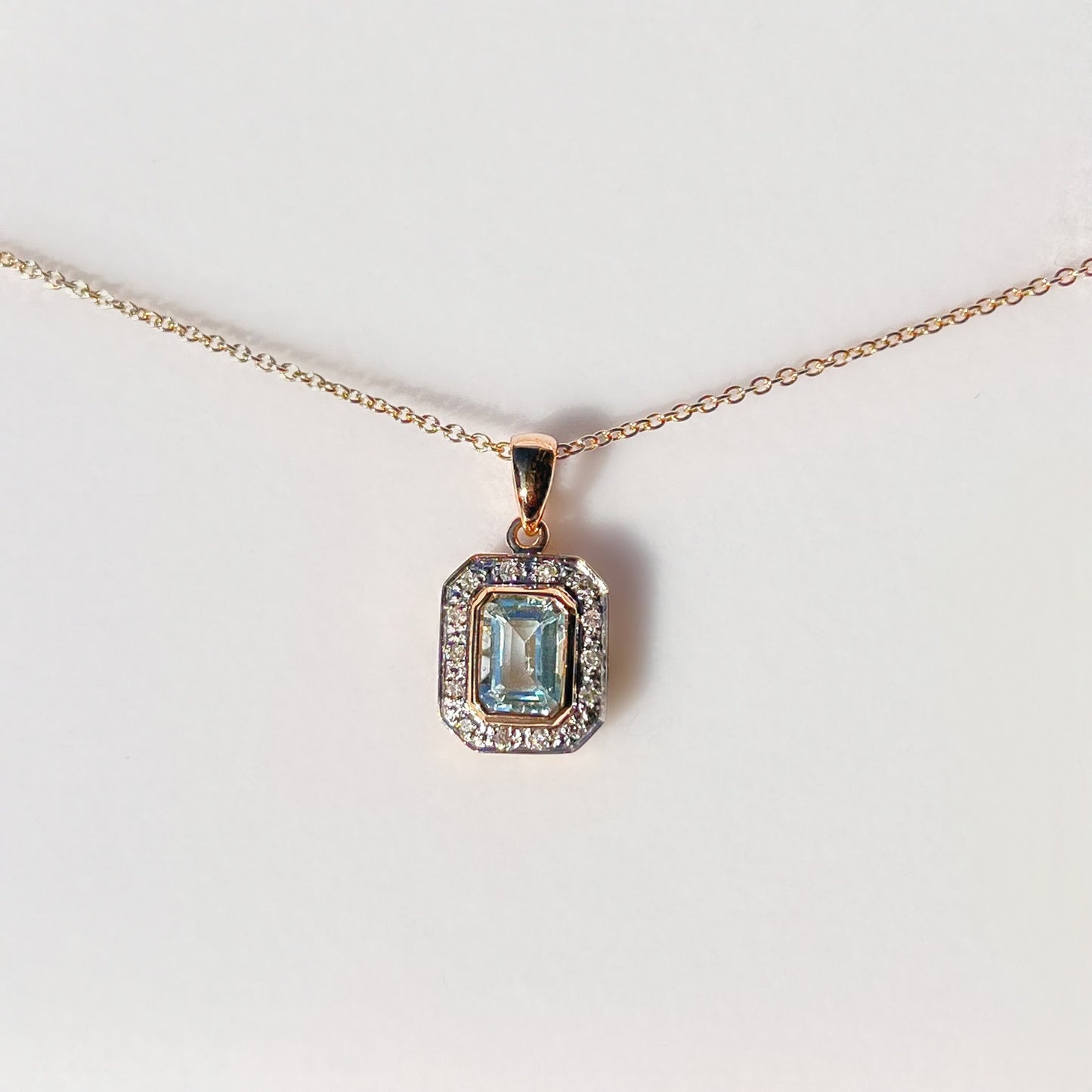 9ct Yellow Gold Aquamarine and Diamond Dainty Art Deco Inspired Necklace