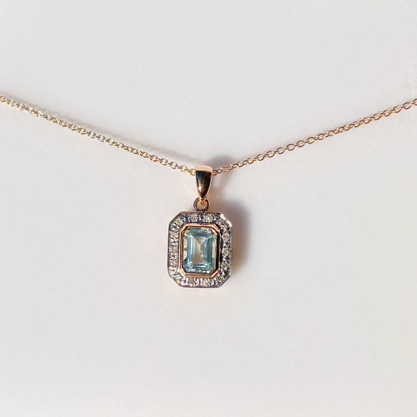 Aquamarine and Diamond Dainty Art Deco Inspired 9ct Yellow Gold Necklace
