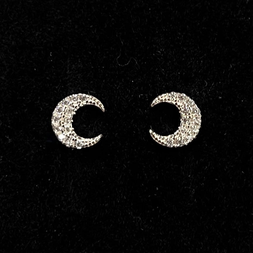 Cubic Zirconia Sterling Silver Half Moon Stud Earrings