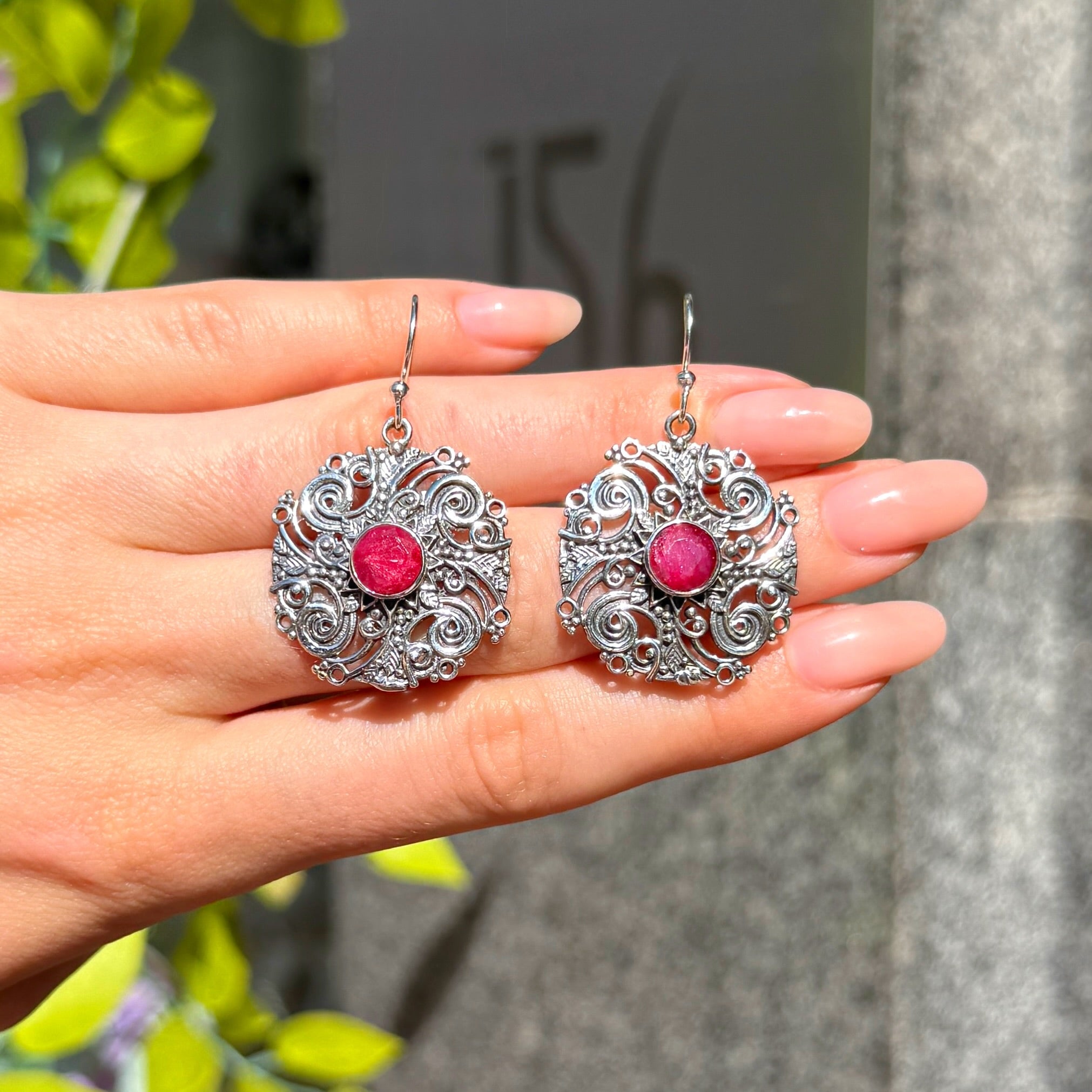 Round Cut Ruby Sterling Silver Boho Drop Earrings