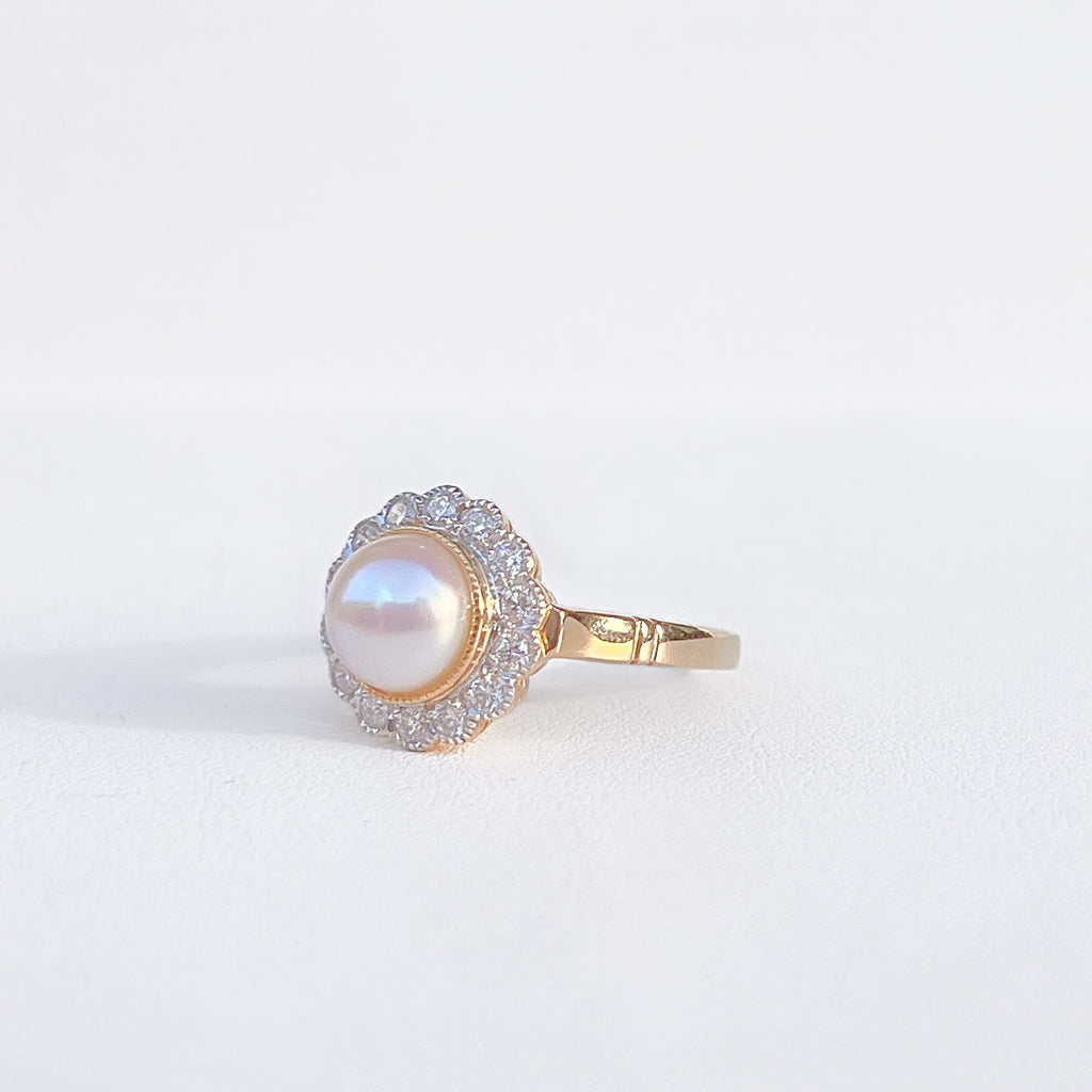 'The Audrey' Pearl and Diamond 9ct Yellow Gold Halo Cluster Ring | Size O