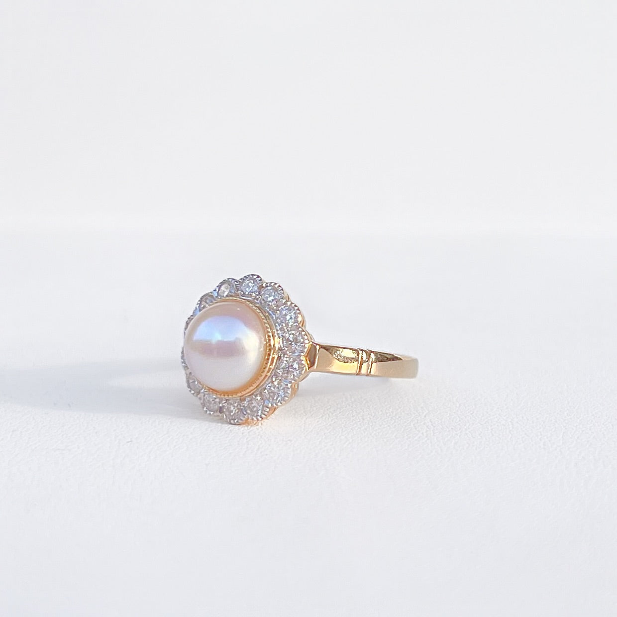 'Audrey' Ring - Timeless 9ct Yellow Gold Pearl and Diamond Halo Cluster Ring Size O