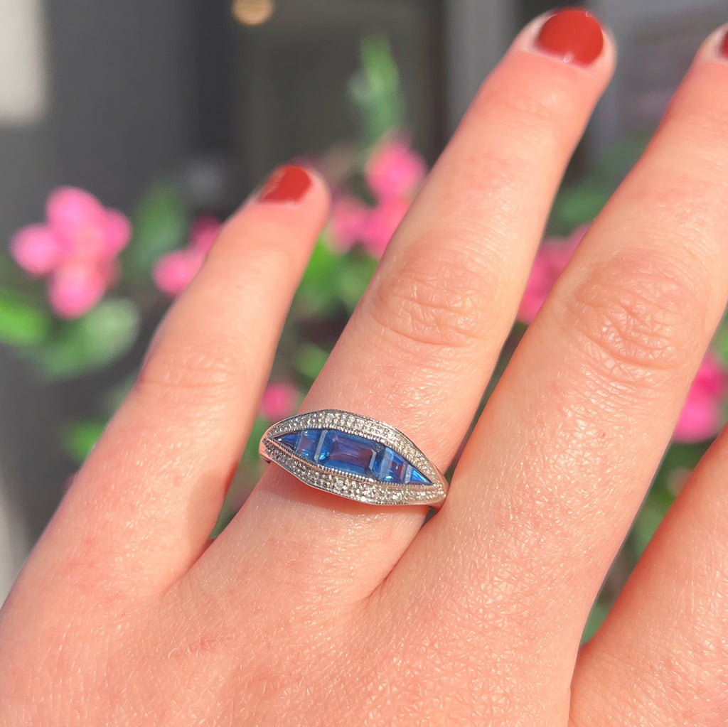 Art Deco Reproduction Madagascar Blue Sapphire and Diamond 9ct White Gold Ring | Size O