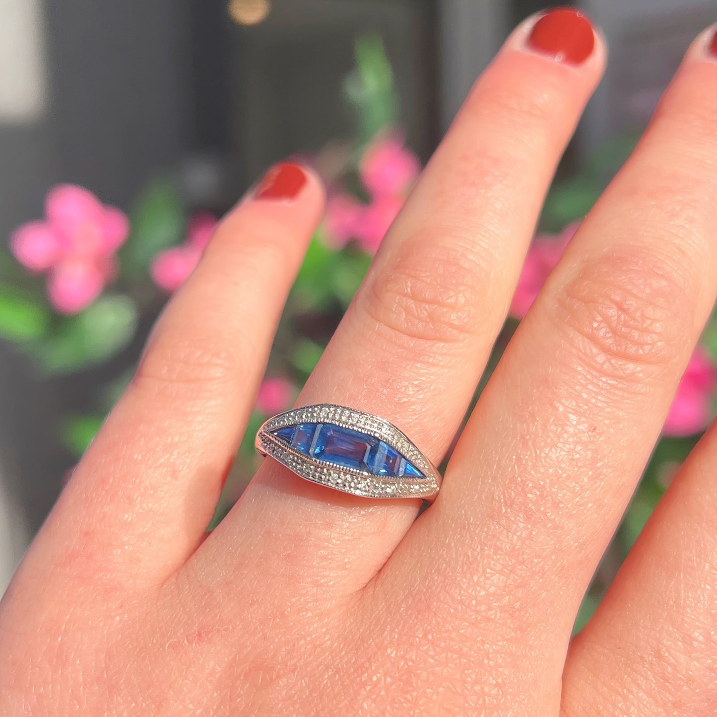 Art Deco Reproduction 9ct White Gold Madagascar Blue Sapphire and Diamond Ring - Size O