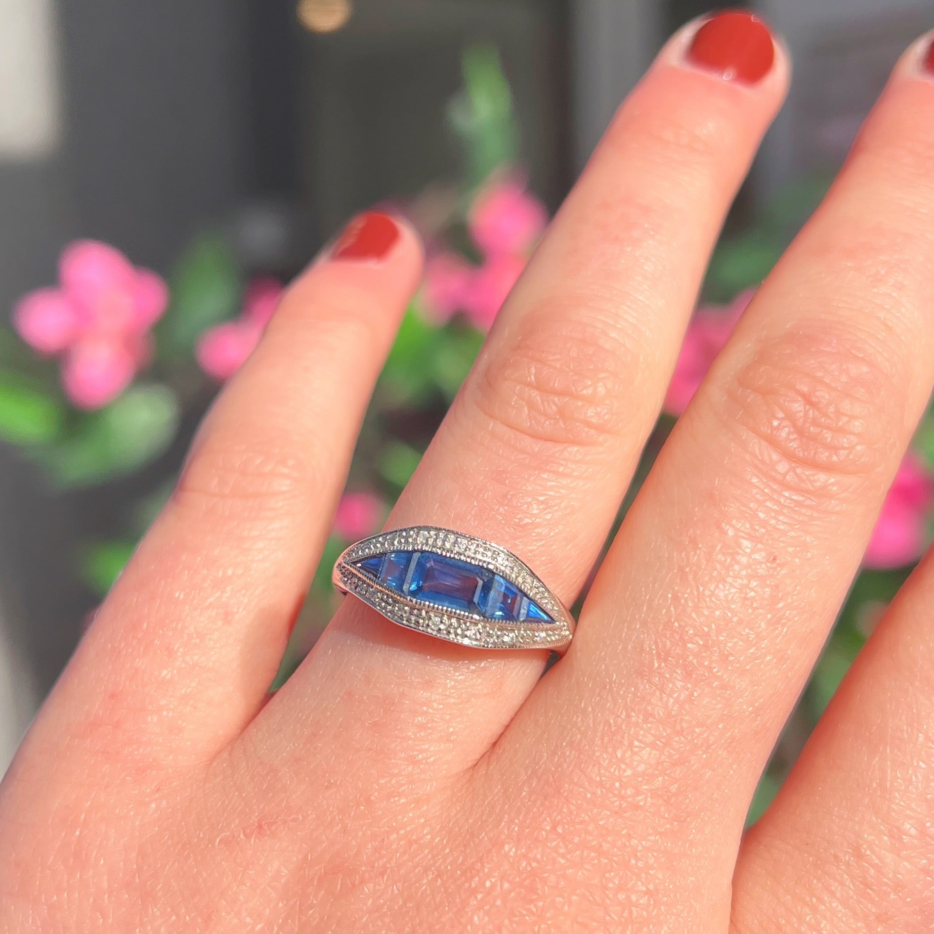 Art Deco Reproduction Madagascar Blue Sapphire and Diamond 9ct White Gold Ring | Size O