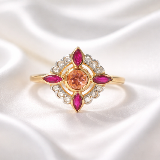 The Sweetheart Ring - Edwardian Inspired 9ct Yellow Gold Pink Tourmaline Ruby And Diamond Ring - Size O
