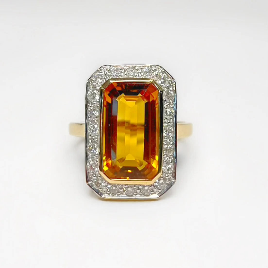 Art Deco Inspired 9ct Yellow Gold Madeira Citrine and Diamond Halo Cocktail Ring - Size N ½