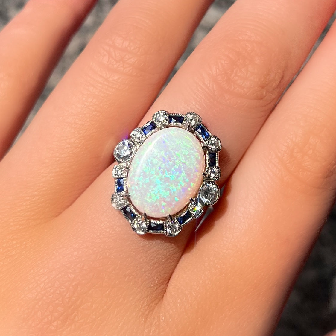 Platinum Opal, Sapphire and Diamond Art Deco Reproduction Ring - Size N ½