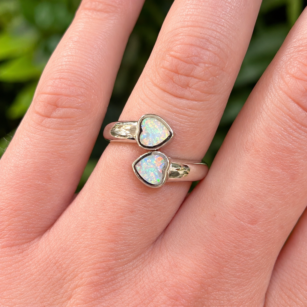 Two Hearts White Opal Sterling Silver Ring | Adjustable Size