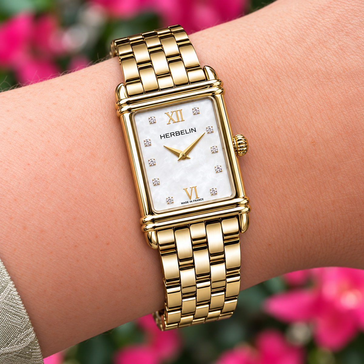 Herbelin | Art Deco Steel Gold Square Watch with White Dial | Ladies