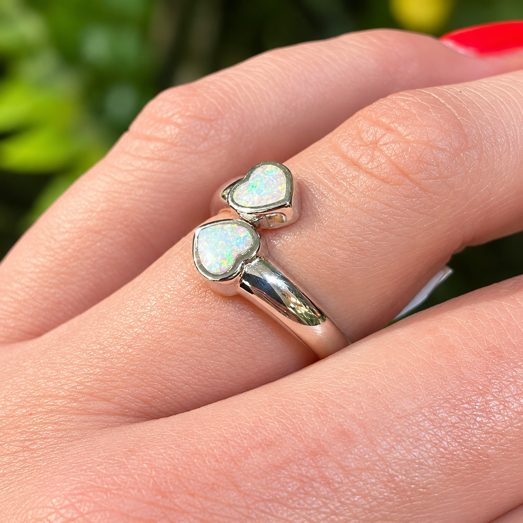 Two Hearts White Opal Sterling Silver Ring | Adjustable Size