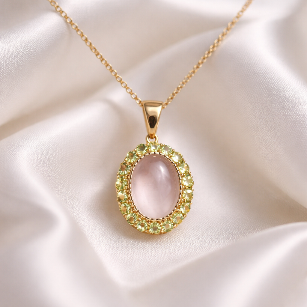 9ct Yellow Gold Moonstone and Peridot Halo Necklace