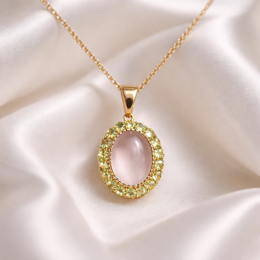 9ct Yellow Gold Moonstone and Peridot Halo Necklace