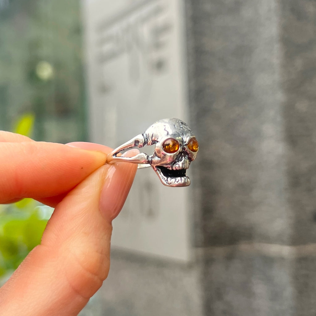 Orange Amber Sterling Silver 3D Skull Design Ring - Size Q