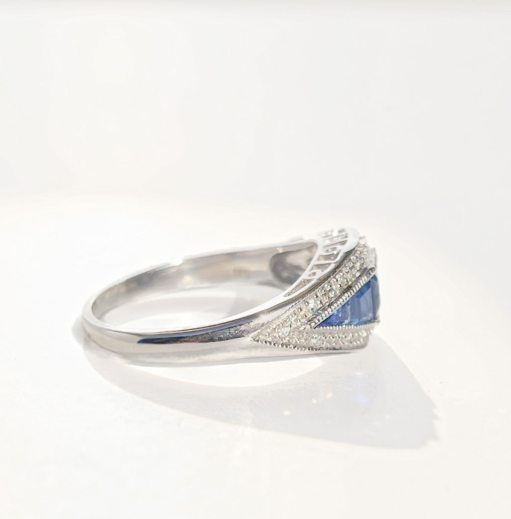Art Deco Reproduction Madagascar Blue Sapphire and Diamond 9ct White Gold Ring | Size O