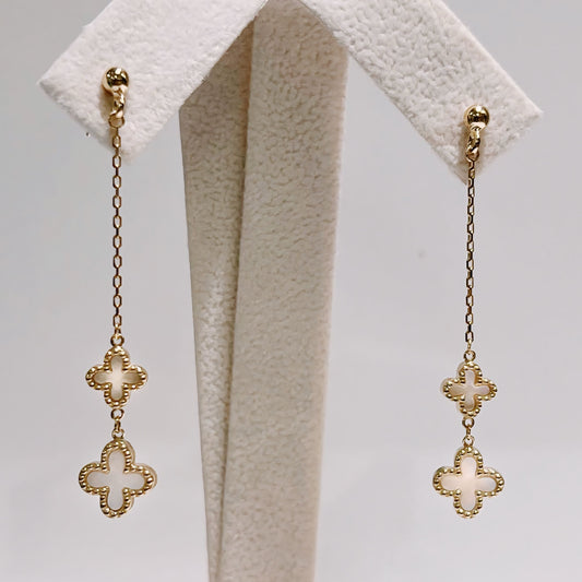 9ct Yellow Gold Mother of Pearl Clover Chain Drop Earrings