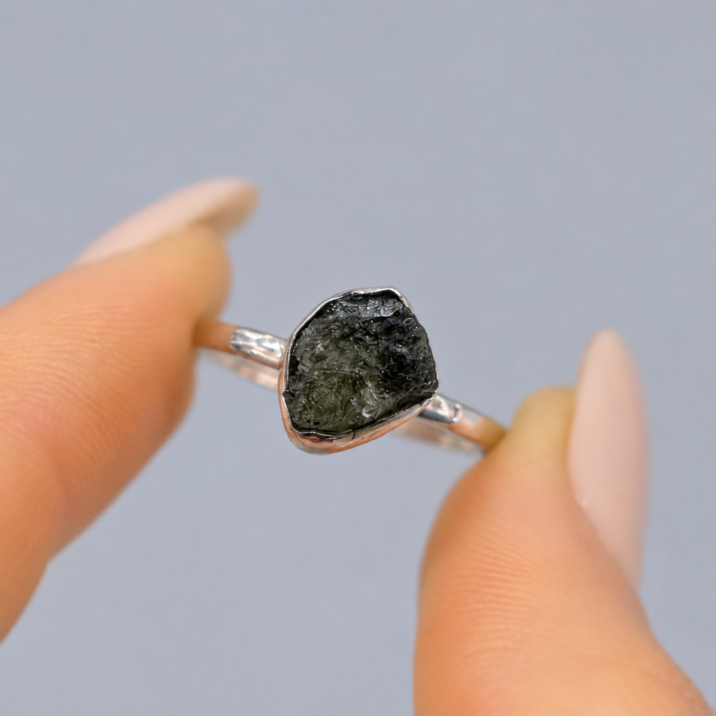 Rough Cut Green Moldavite Sterling Silver Ring | Size N